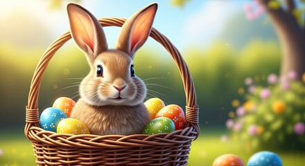 Easter day celebration with a bunny in a basket of eggs