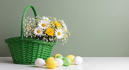 Easter day celebration with green basket of daisies and colorful eggs