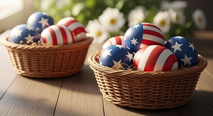 Easter day celebration with patriotic american easter eggs in baskets