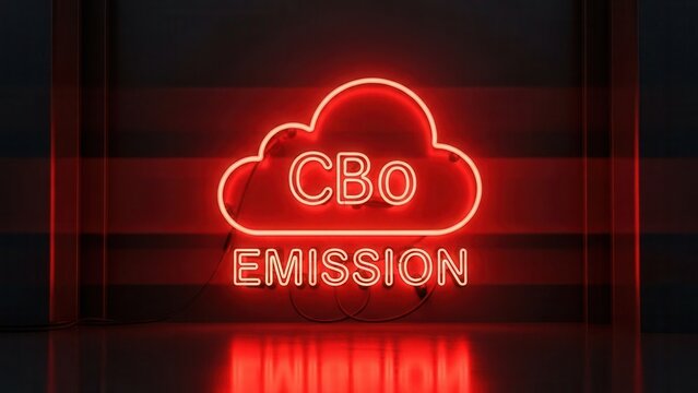 Vivid red neon sign illuminating CBO Emission text within a glowing cloud symbol on a dark