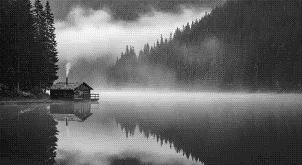 A serene cabin stands alone by a misty lake surrounded by dense forest, captured in a reflective black and white photograph from a distant viewpoint.