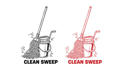 Clean sweep outline illustration of mop and bucket in black and red for cleaning themes © GoDesigner