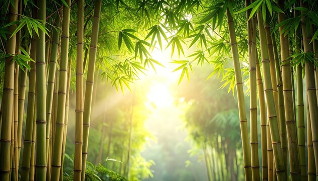 Sunlight filtering through a dense bamboo forest canopy.