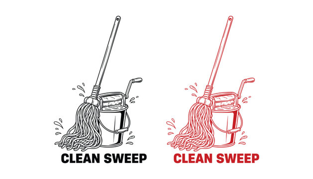 Clean sweep outline illustration of mop and bucket in black and red for cleaning themes
