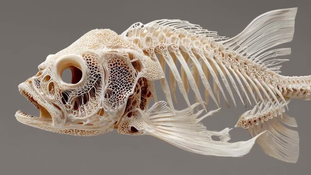 Fish skeleton detailed bone structure, Fish skeleton displayed with a focus on the complex arrangement