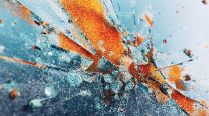 Fototapeta premium Cracked glass with a vibrant orange and blue background, capturing the moment of impact and fragmentation.