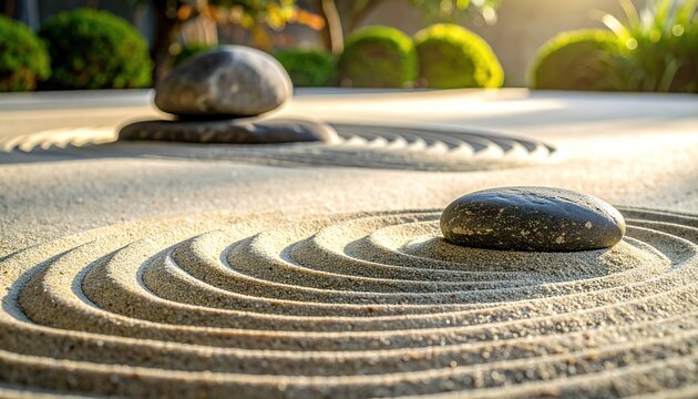 Zen Garden Raked Sand and Stones Serene Landscape.