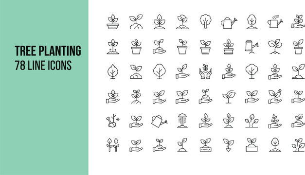 Large set of 78 minimalist line icons for tree planting reforestation and gardening featuring saplings seeds watering cans and environmental care symbols