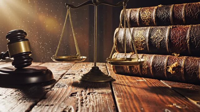 Justice System - Scales, Gavel, and Law Books on Wooden Table.