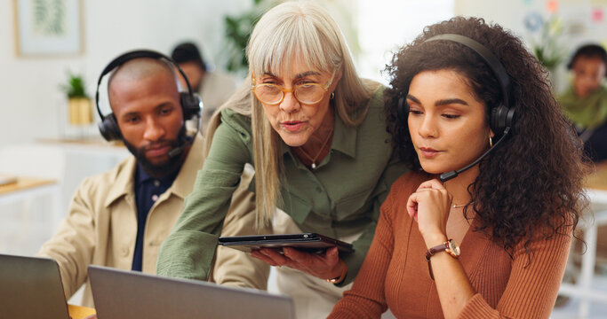 Call center, mentor and team with headset, laptop and advice for lead generation, coworking and talk. Telemarketing, consultant and people with technology for communication, mic and help for sales