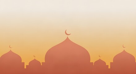 Fototapeta premium Minimalist vector illustration of mosque silhouettes and crescent moons against a warm orange gradient sky, perfect for Ramadan Kareem or Eid Mubarak greeting cards.