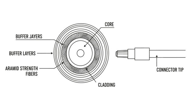 Optical fiber cross section and connector tip line art on transparent background illustration one hundred