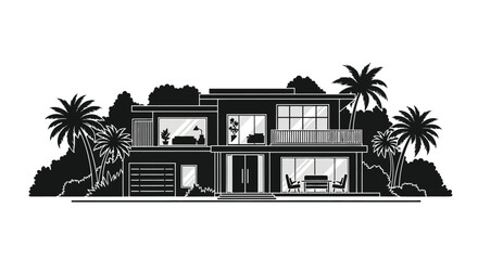 Obraz premium A modern two story house with palm trees is depicted in black and white