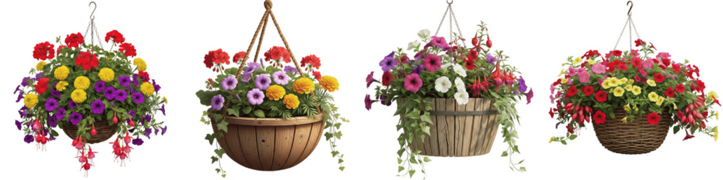 Set of colorful hanging flower baskets with petunias and geraniums isolated on white background