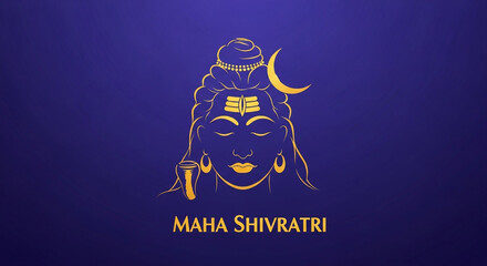 golden vector illustration of Lord Shiva's head (Mahadev) on a deep blue background