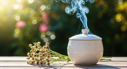 Smoke rising from a white urn on a table with a flower
