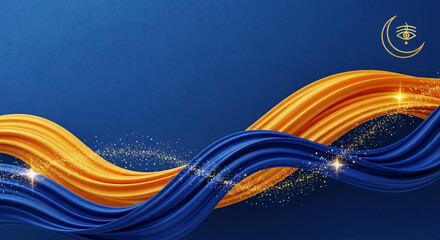 Blue and Gold Dynamic Fabric Background with Mystic Eye Symbol