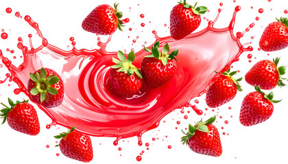 Vibrant strawberry splash with several fresh berries suspended. Transparent background