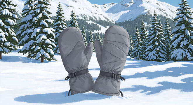 Gray winter mittens resting on snowy landscape with snowy mountain background. Adult unisex winter accessories in snowy alpine location.
