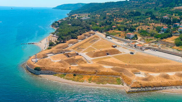 Kilitbahir, Turkey. Namazgah Bastion, a large Ottoman-era coastal artillery battery and redoubt on the shore of the Dardanelles Strait. Aerial View