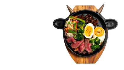 A delicious meal is arranged on a cow-shaped plate, vegetables, meat and egg