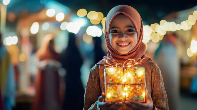 Muslim girl holding glowing gift box at night market during ramadan celebration
