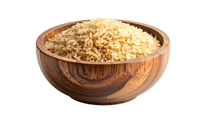 Close-up of a wooden bowl filled with uncooked brown rice, isolated on black