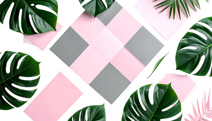 Overhead shot of tropical leaves around pink & grey squares against black background