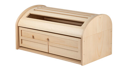 A wooden child-sized storage unit with drawers, arched top, and open shelf