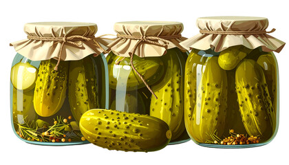 Realistic depiction of three glass jars filled with pickles, and a lone cucumber