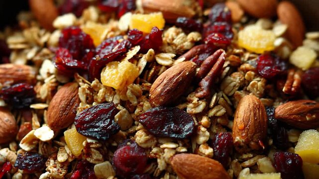 Granola mix rich in nuts and dried fruits, A bowl of granola mix filled with assorted nuts and dried fruits
