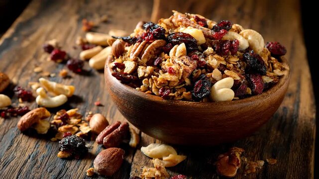 Granola mix rich in nuts and dried fruits, A bowl of granola mix filled with assorted nuts and dried fruits