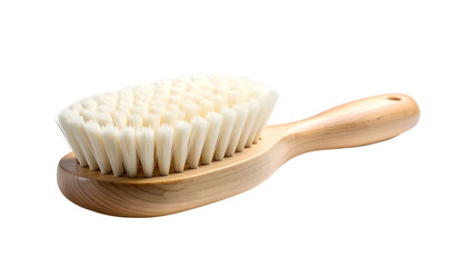 An oval-shaped, light-wood handled brush with white, tightly packed bristles, isolated