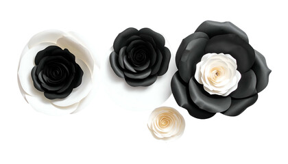 Three large paper roses, and one smaller, in black and white arranged on black