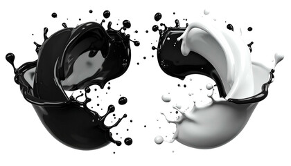 Yin yang symbol rendered with colliding splashes of black liquid and white fluid on black