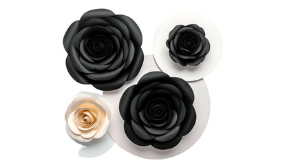 Assortment of paper roses, mostly black, arranged on white circular backdrops