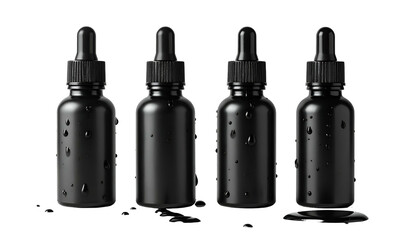 Four black dropper bottles, some with water droplets, on a black background