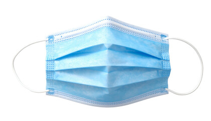 A blue, pleated surgical mask with white ear loops, isolated on a black background