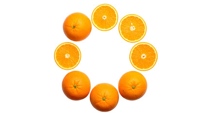 A circular arrangement of whole oranges and orange halves, isolated on black