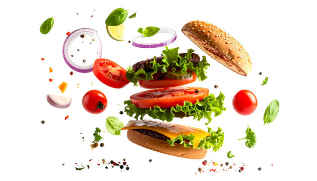 Exploded view of a burger with ingredients levitating against a black background