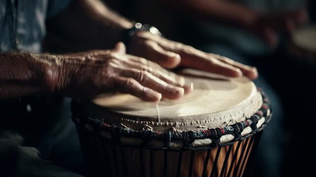 Hands playing djembe drum during rehearsal, Hands rhythmically playing a djembe drum during a rehearsal session