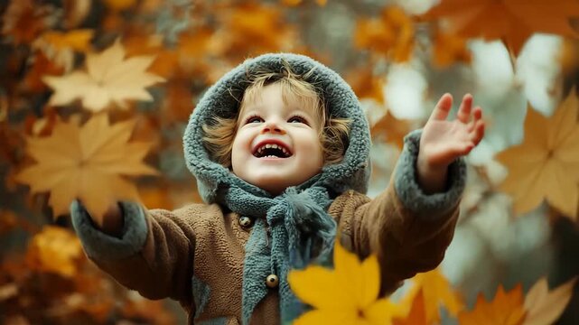 Happy child laughing while playing in a pile of vibrant fall leaves