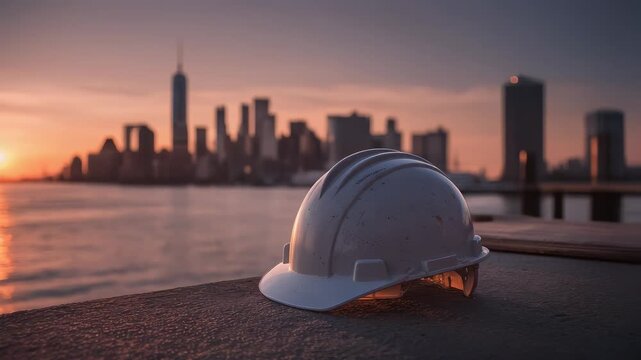 Construction helmet at sunset with city skyline in the background