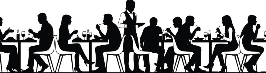 Silhouette Collection of People Dining in a Busy Restaurant with Waiter Serving Food for Cafe Bistro and Hospitality Design