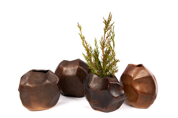 Ceramic vase with tree branches. Object isolated on white background