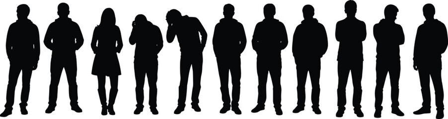 Silhouette of diverse people and groups standing together in various poses isolated on white background, community social gathering.