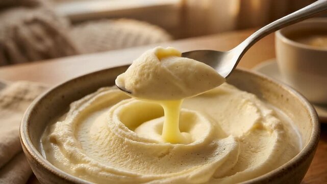 A close-up of creamy mashed potatoes in a bowl with a spoon.