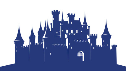 Obraz premium Stylized blue castle silhouette on white background. Majestic medieval fortress with towers, turrets, and battlements, fairytale kingdom icon.