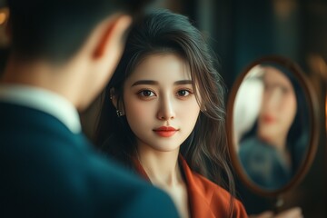 Fototapeta premium Beautiful Asian Woman with Elegant Long Hair Looks Directly at Camera from a Stylish Room, a Man Blurred in Foreground and Her Reflection in a Mirror