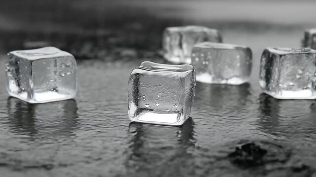 Ice cubes are hitting a wet surface, creating droplets and ripples around them
